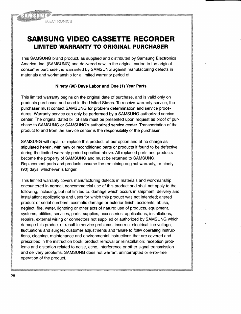 Ninety (90) days labor and one (1) year parts, Samsung video cassette recorder, Limited warranty to original purchaser | Samsung VR5160 User Manual | Page 33 / 35