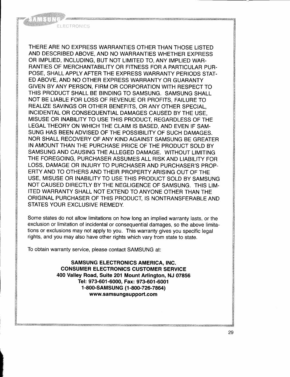 Samsung electronics america, inc | Samsung VR5160 User Manual | Page 34 / 35