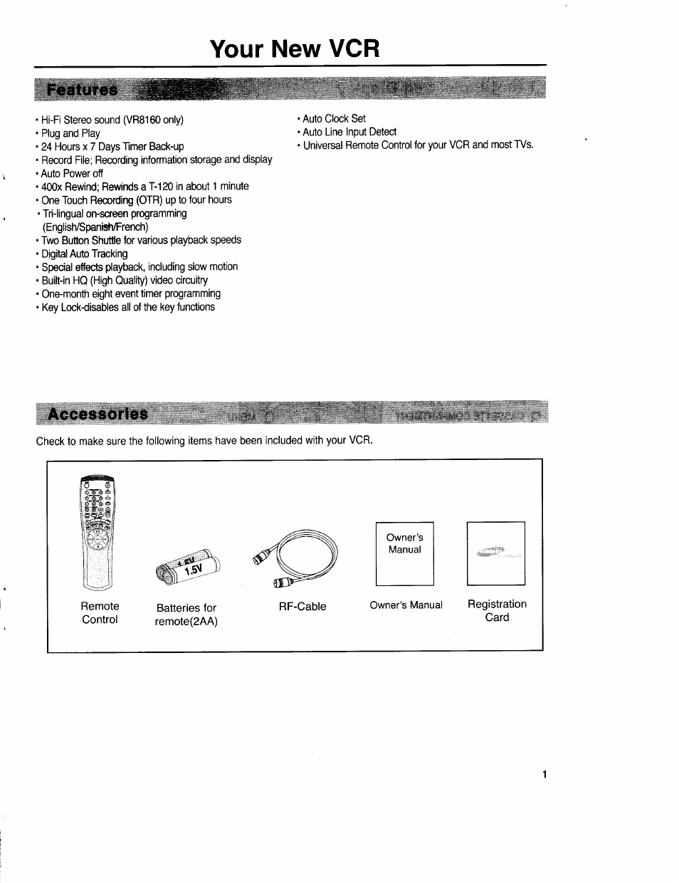 Features, Accessories, Your new vcr | Samsung VR5160 User Manual | Page 5 / 35