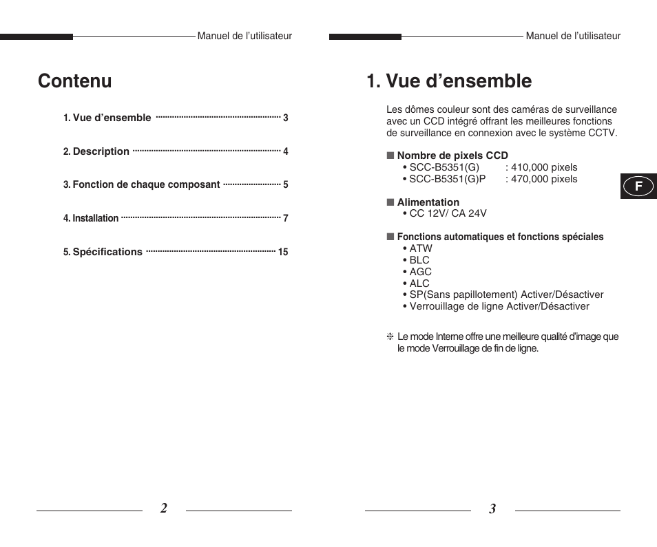 Contenu, Vue d’ensemble | Samsung SCC-B5351GP User Manual | Page 11 / 49