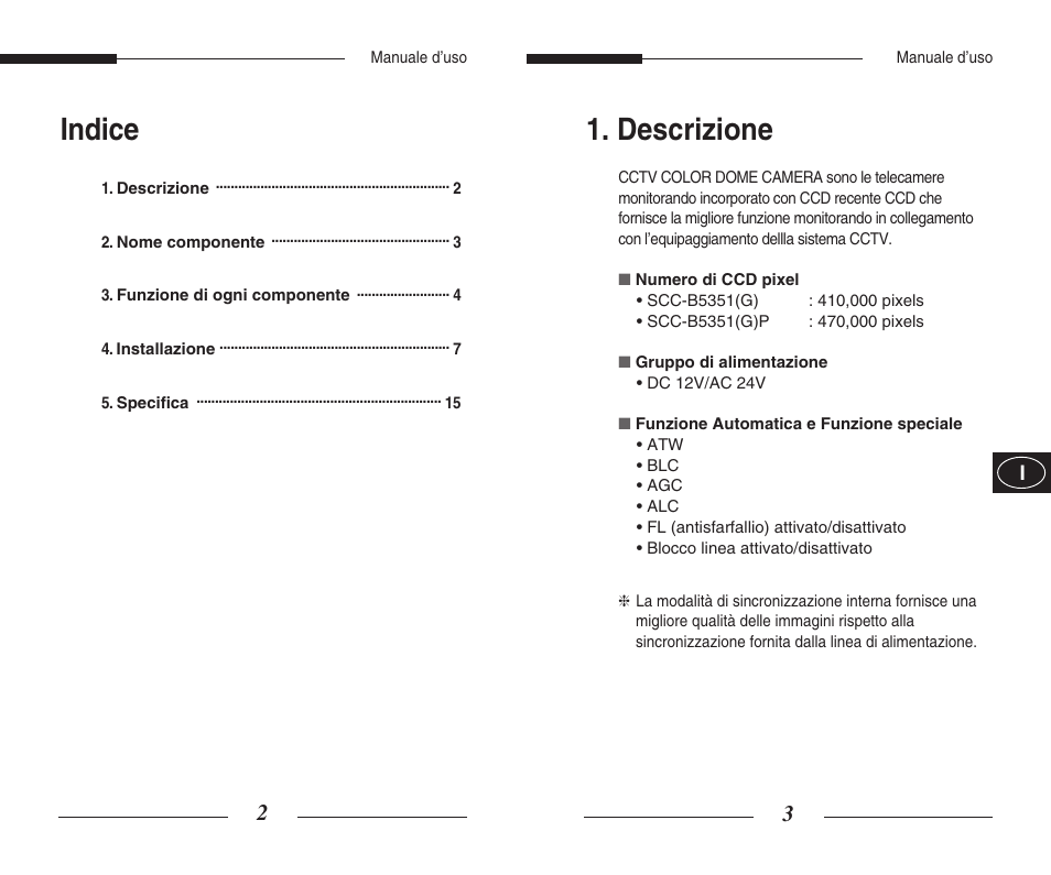 Indice, Descrizione | Samsung SCC-B5351GP User Manual | Page 35 / 49