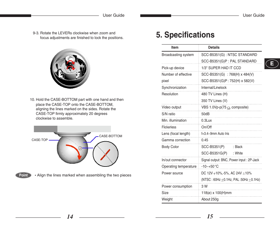 Specifications | Samsung SCC-B5351GP User Manual | Page 9 / 49
