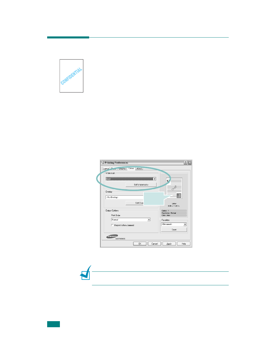 Using watermarks, Using an existing watermark | Samsung CLP-510 Series User Manual | Page 115 / 266