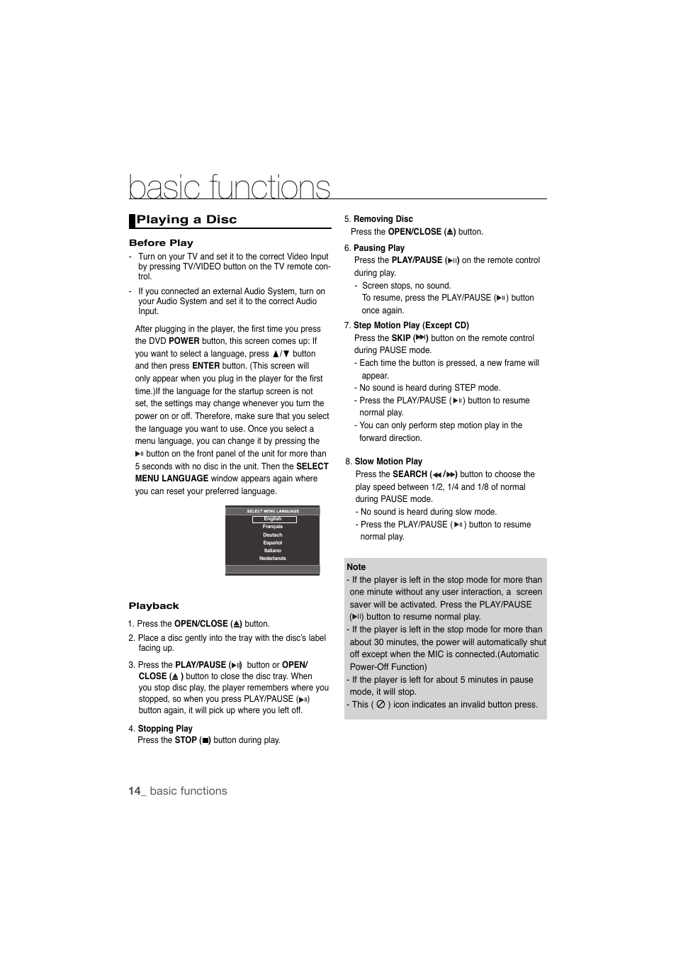 Basic functions, Playing a disc, 14_ basic functions playing a disc | Samsung AK68-01808C User Manual | Page 14 / 36