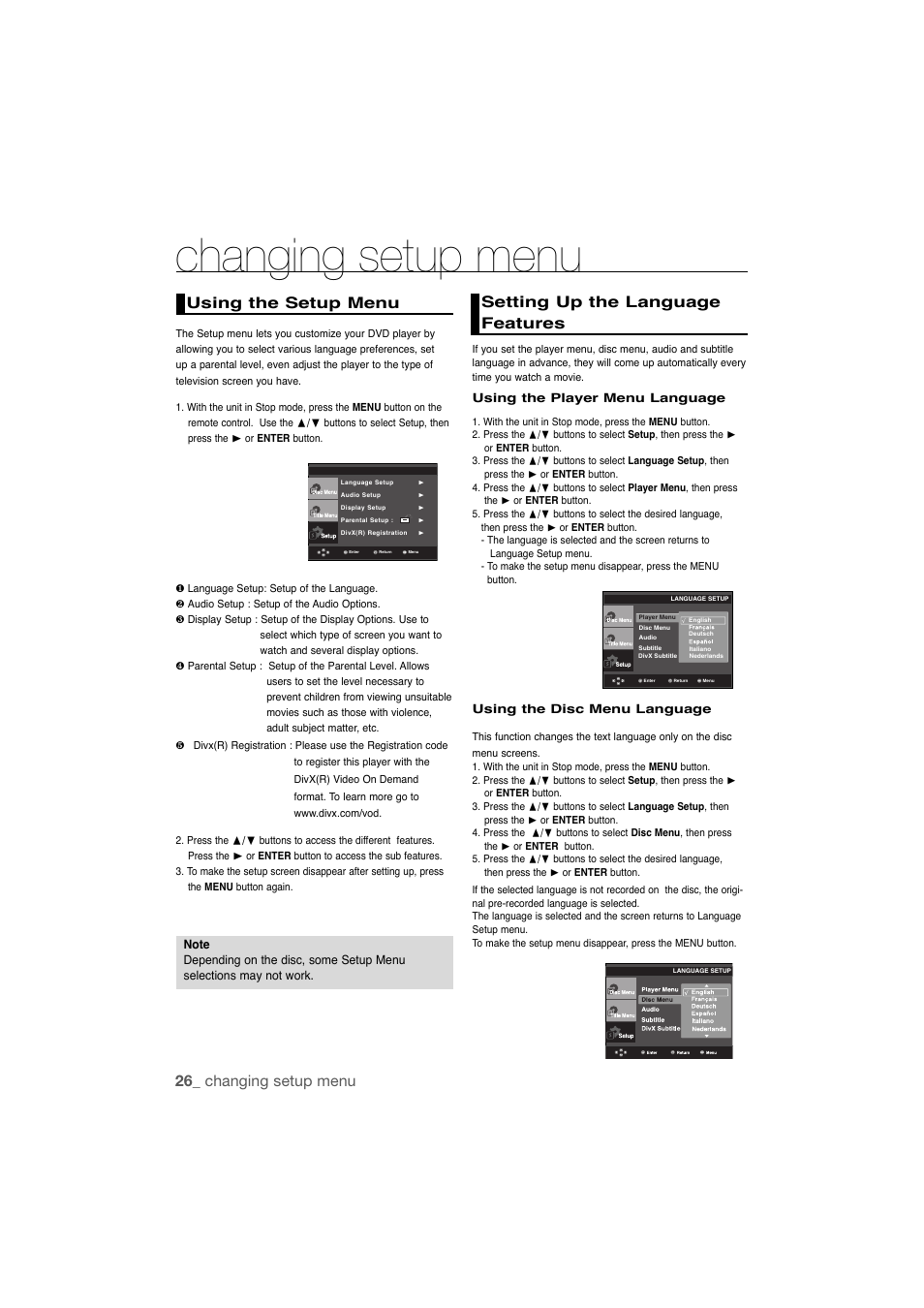 Changing setup menu, Using the setup menu, Setting up the language features | 26_ changing setup menu using the setup menu | Samsung AK68-01808C User Manual | Page 26 / 36