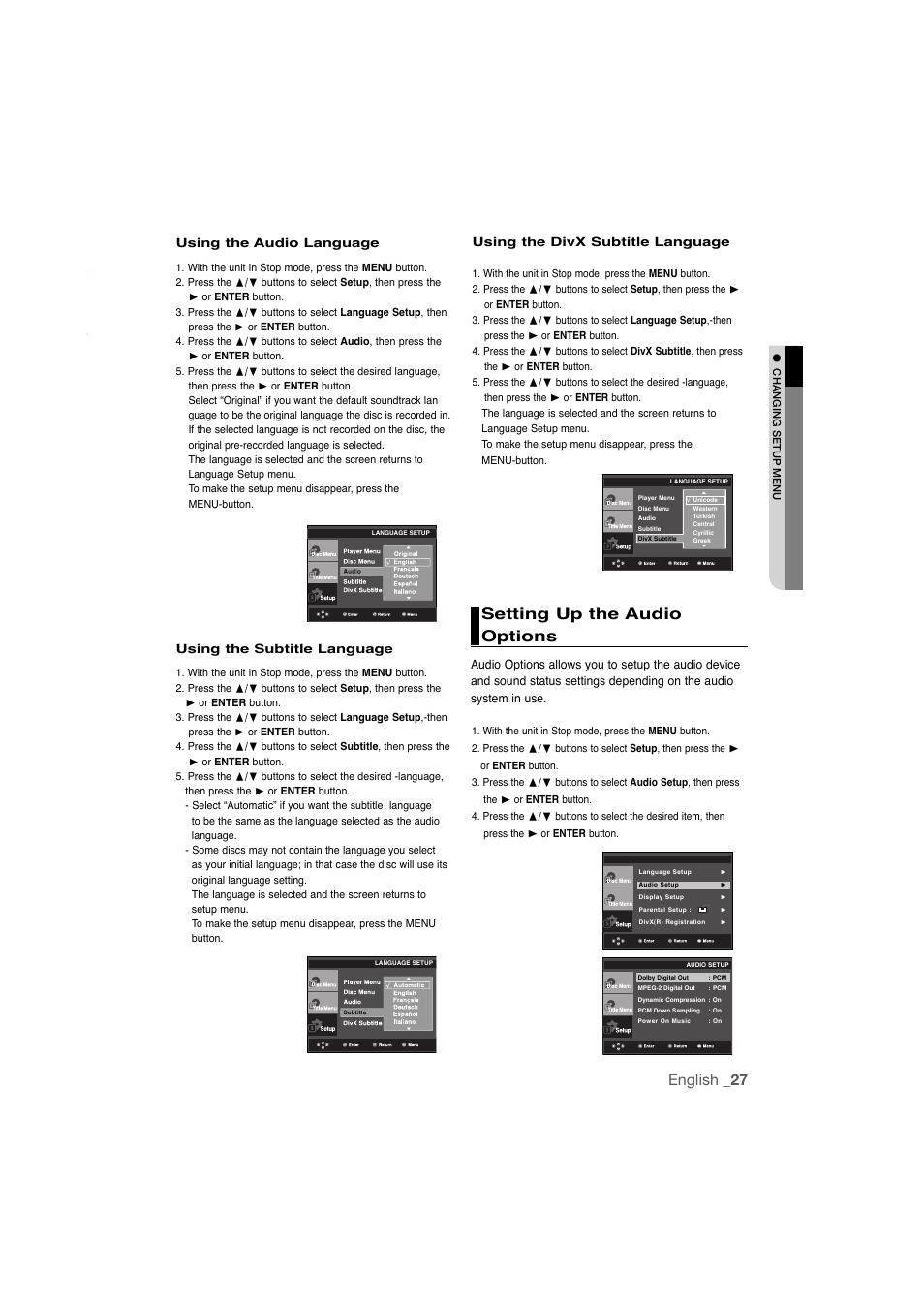 Setting up the audio options, English _27, Using the subtitle language | Using the audio language, Using the divx subtitle language | Samsung AK68-01808C User Manual | Page 27 / 36