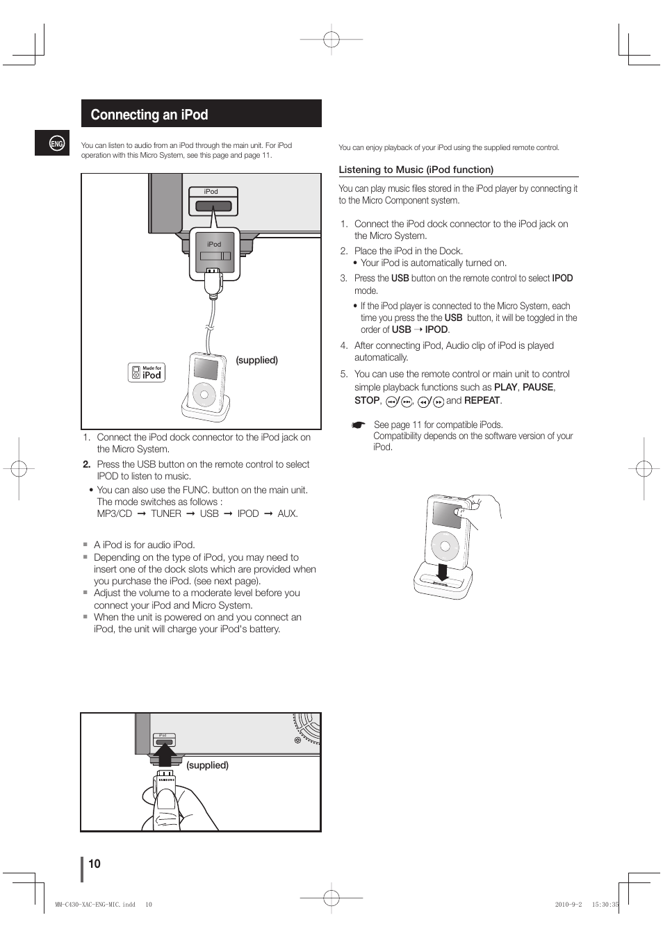 Connecting an ipod | Samsung MM-C430 User Manual | Page 10 / 29