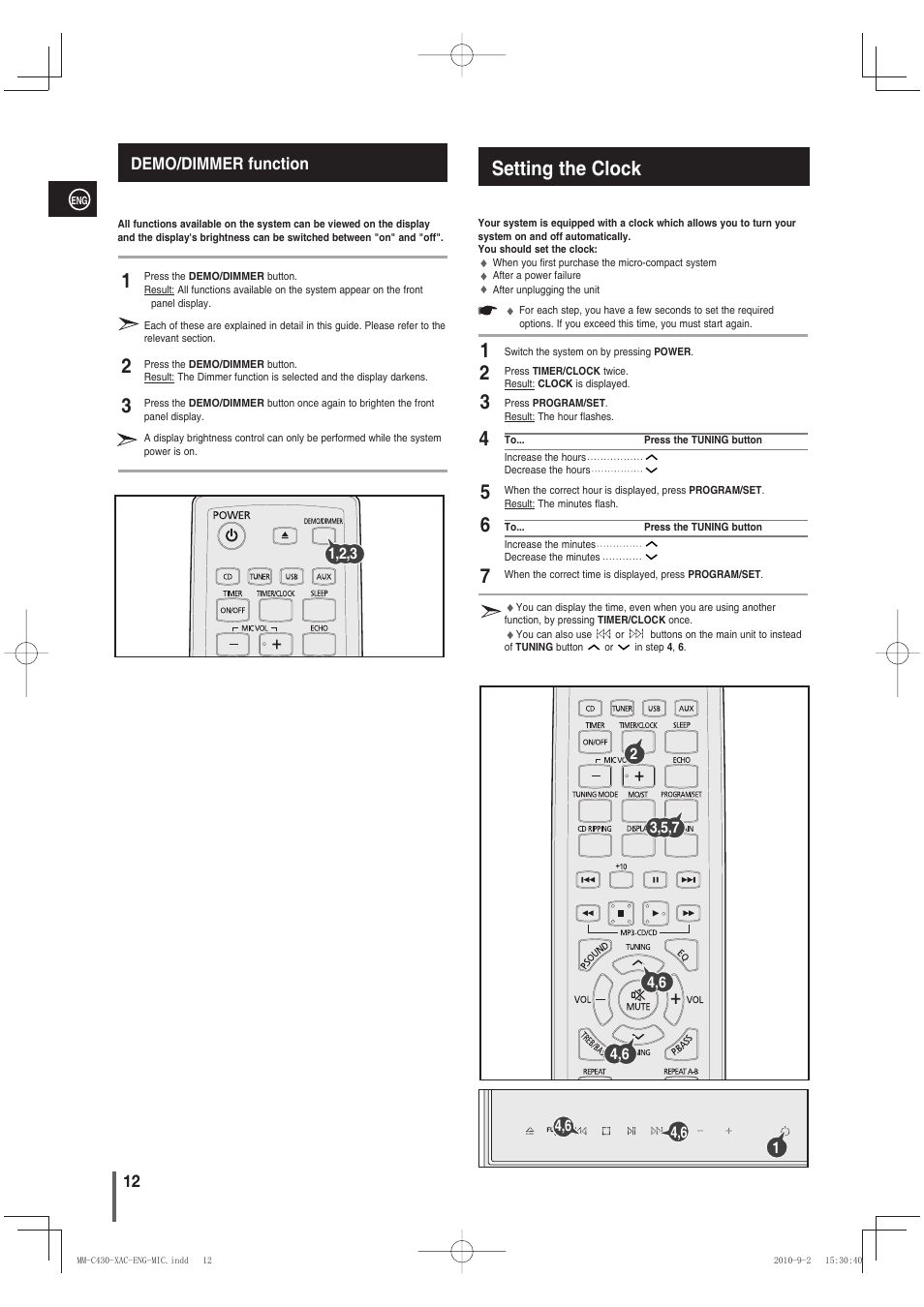 Demo/dimmer function, Setting the clock | Samsung MM-C430 User Manual | Page 12 / 29