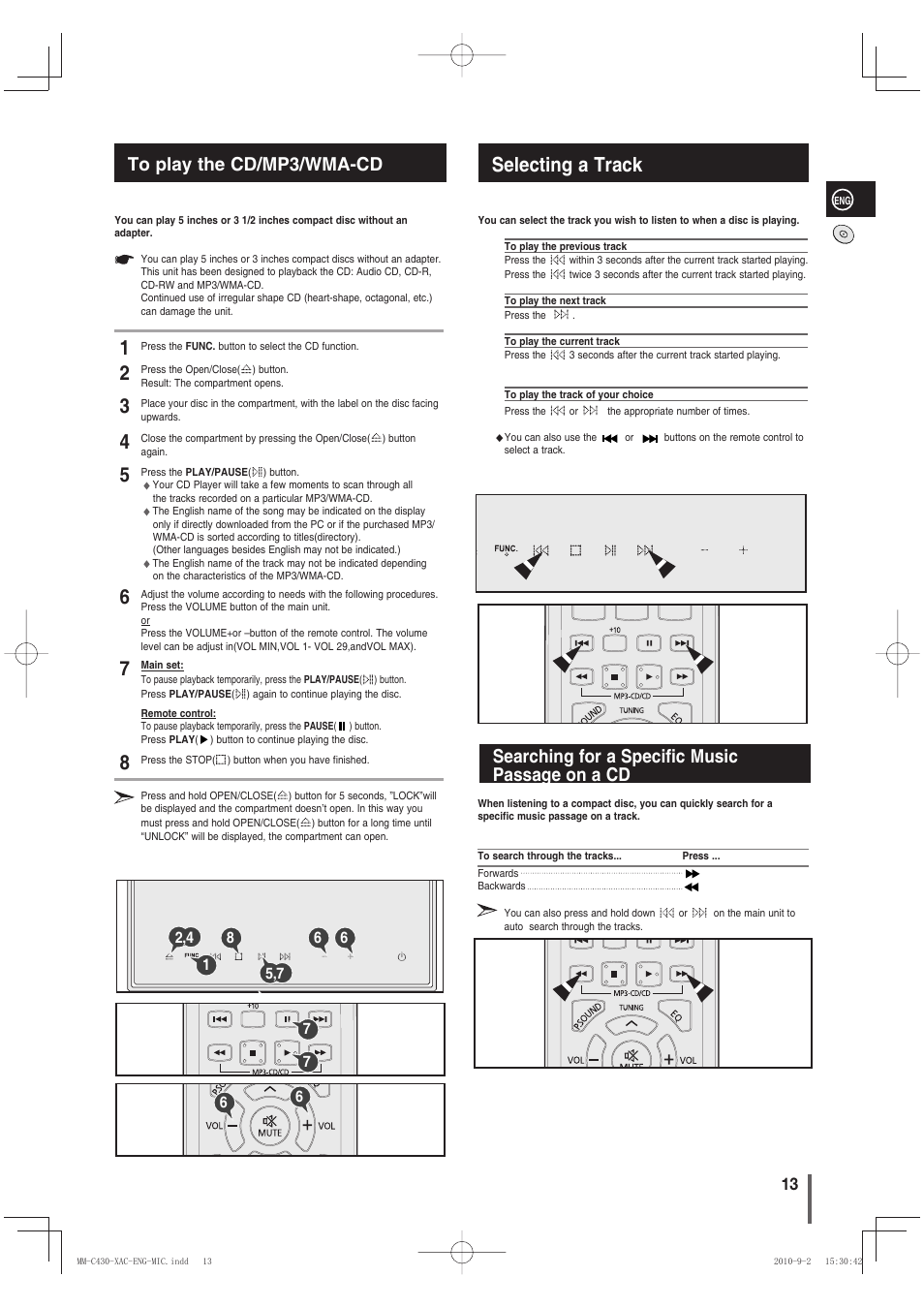 To play the cd/mp3/wma-cd, Selecting a track, Searching for a specific musicpassage on a cd | Searching for a specific music passage on a cd | Samsung MM-C430 User Manual | Page 13 / 29