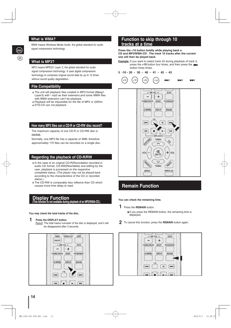 Display function, Function to skip through 10tracks at a time, Remain function | Remain function 2 1 display function, Function to skip through 10 tracks at a time | Samsung MM-C430 User Manual | Page 14 / 29