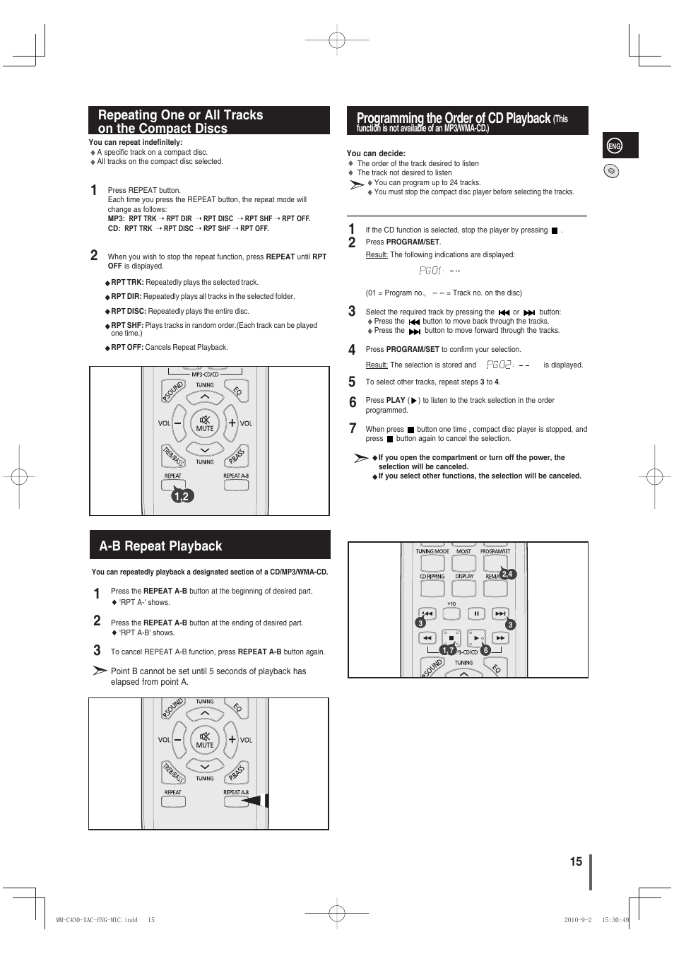 Repeating one or all trackson the compact discs, A-b repeat playback, Programming the order of cd playback | Repeating one or all tracks on the compact discs | Samsung MM-C430 User Manual | Page 15 / 29