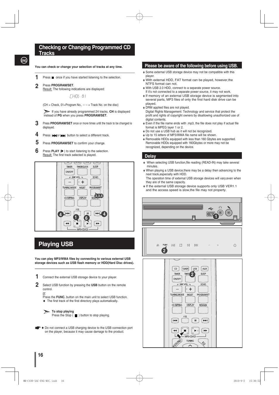 Checking or changing programmed cdtracks, Playing usb, Checking or changing programmed cd tracks | Samsung MM-C430 User Manual | Page 16 / 29