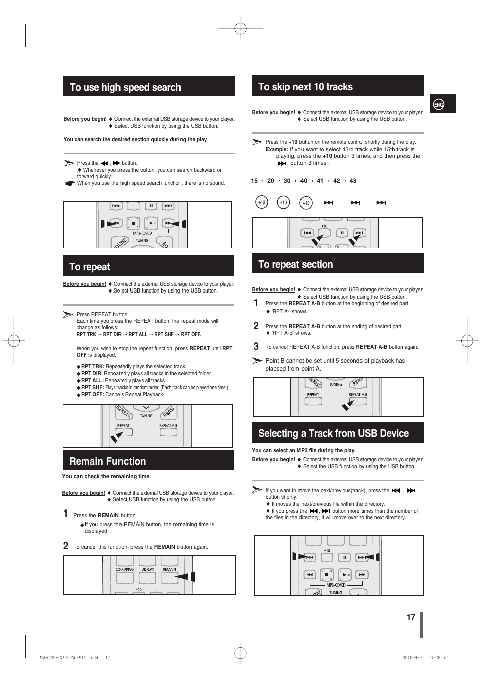 To use high speed search, To repeat, Remain function | To skip next 10 tracks, To repeat section, Selecting a track from usb device, 12 remain function | Samsung MM-C430 User Manual | Page 17 / 29