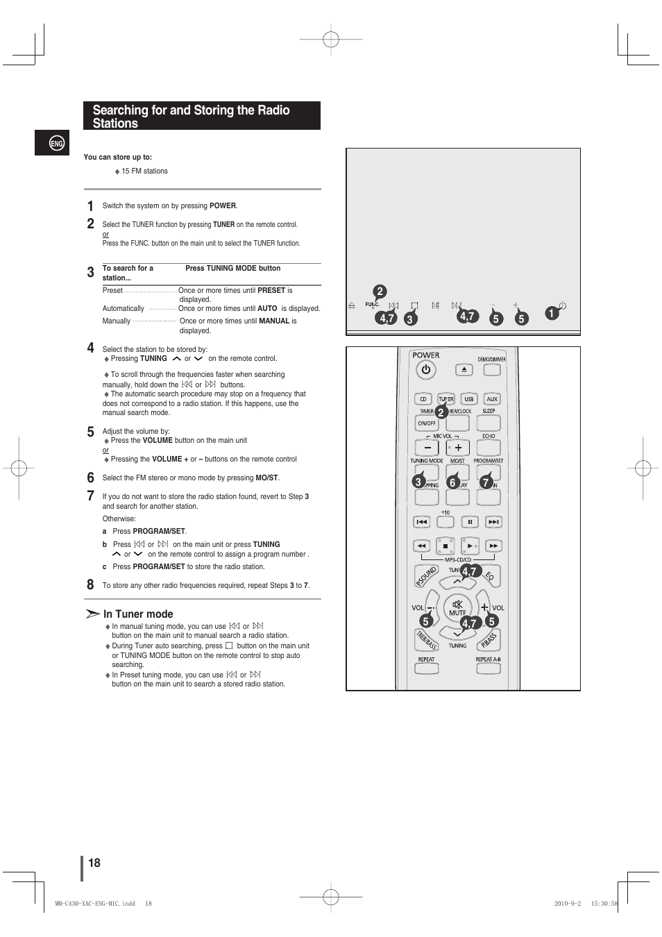 Searching for and storing the radiostations, Searching for and storing the radio stations | Samsung MM-C430 User Manual | Page 18 / 29