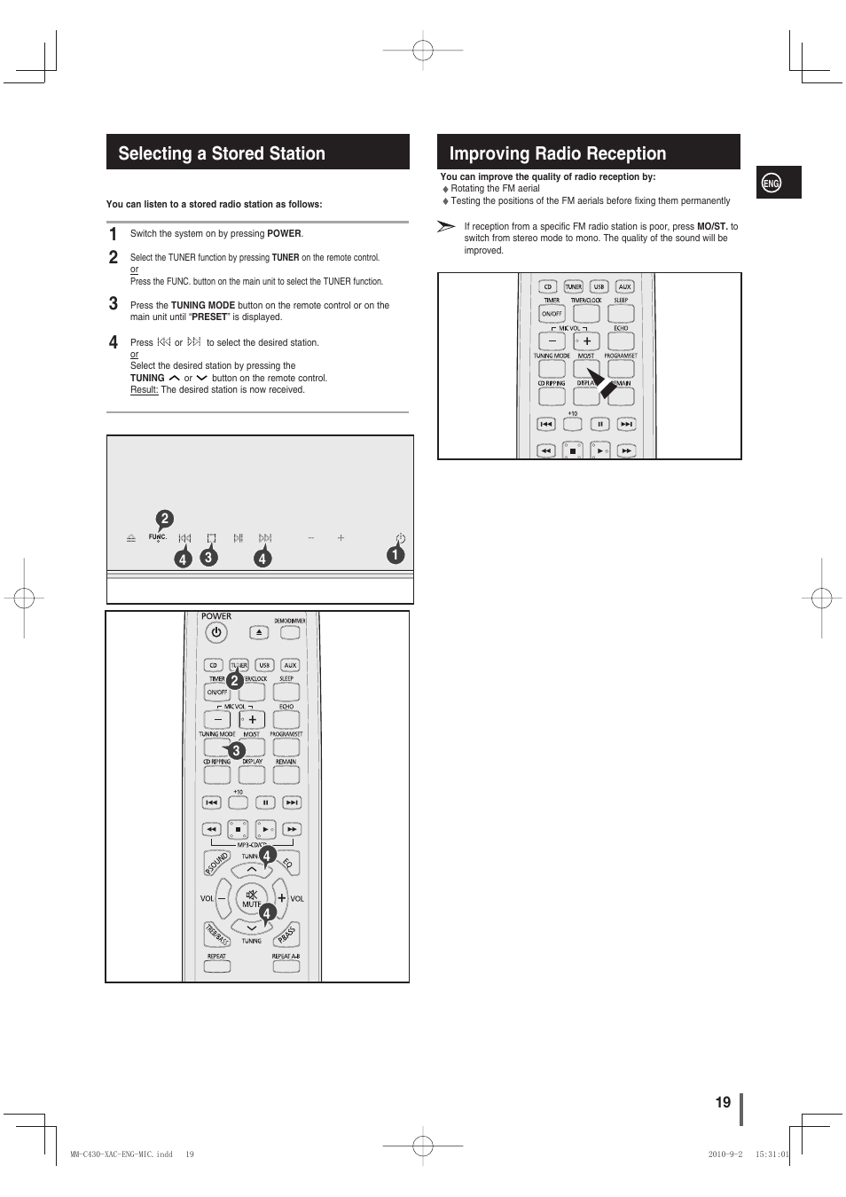 Selecting a stored station, Improving radio reception | Samsung MM-C430 User Manual | Page 19 / 29