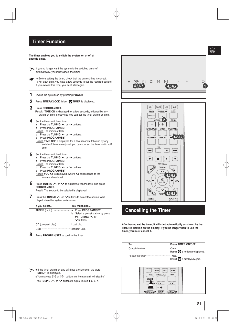 Timer function, Cancelling the timer | Samsung MM-C430 User Manual | Page 21 / 29