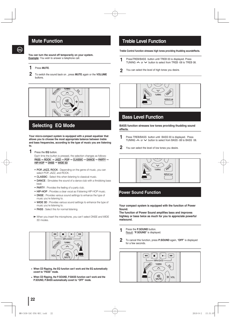 Mute function, Selecting eq mode, Treble level function | Bass level function, Power sound function, Mute function 2 1, Selecting eq mode 1 | Samsung MM-C430 User Manual | Page 22 / 29