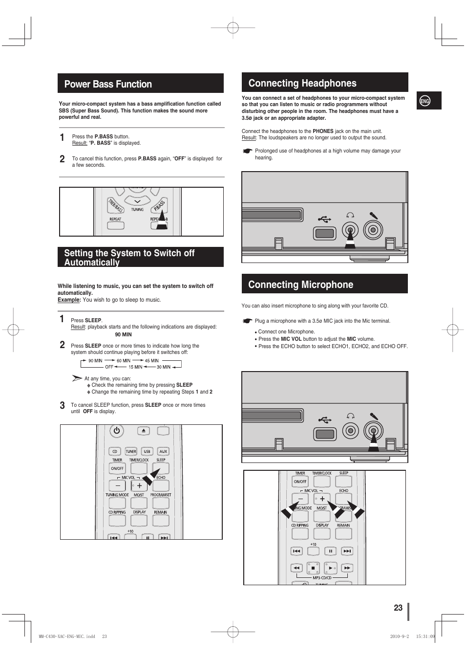 Power bass function, Setting the system to switch offautomatically, Connecting headphones | Connecting microphone, Connecting microphone power bass function, Setting the system to switch off automatically | Samsung MM-C430 User Manual | Page 23 / 29