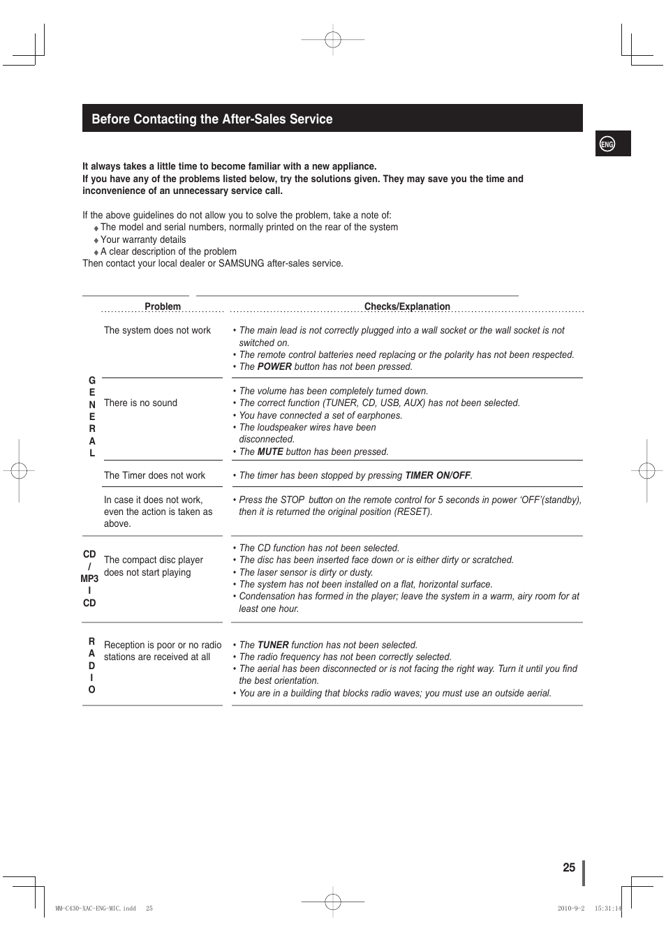 Before contacting the after-sales service | Samsung MM-C430 User Manual | Page 25 / 29