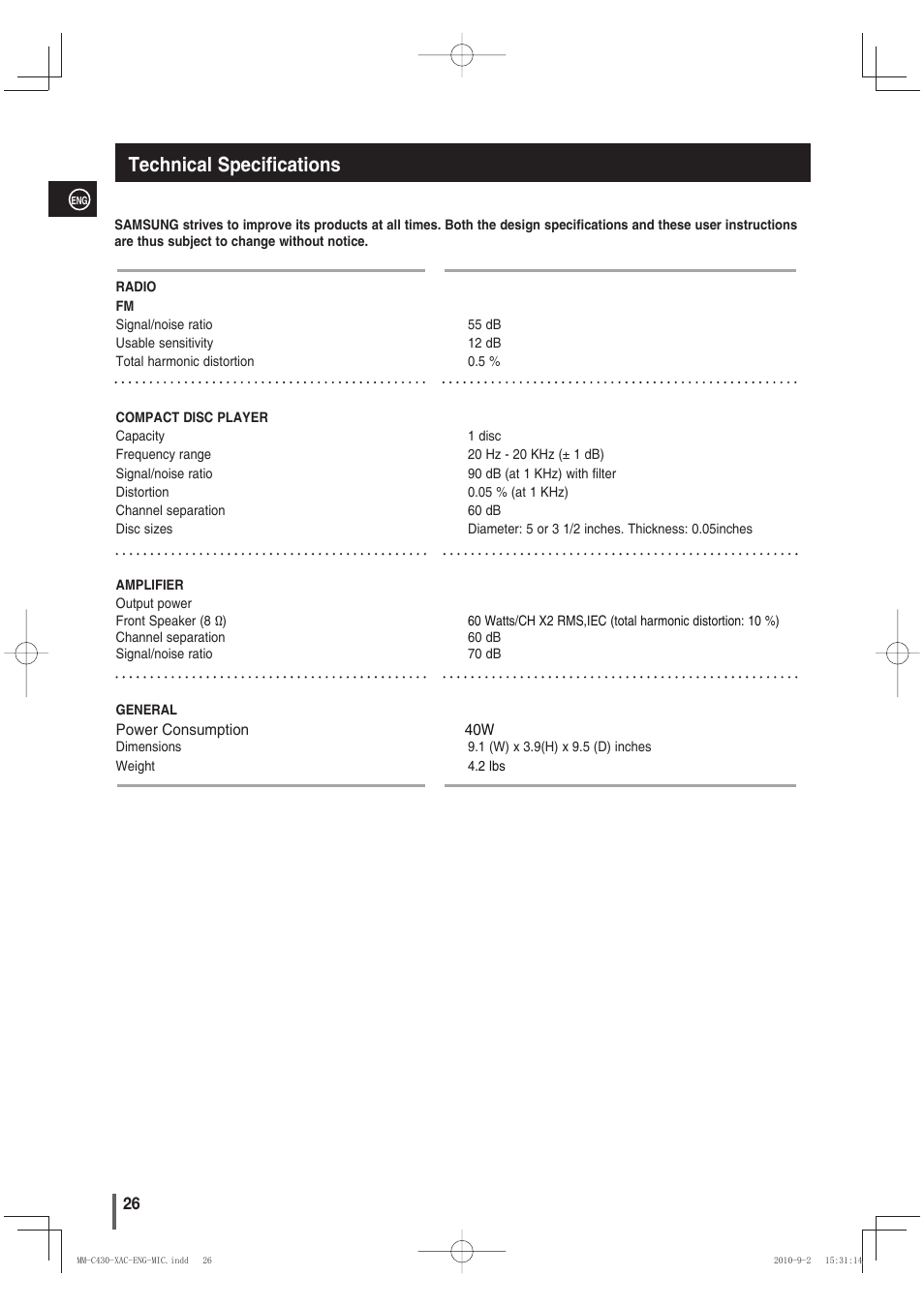 Technical specifications | Samsung MM-C430 User Manual | Page 26 / 29