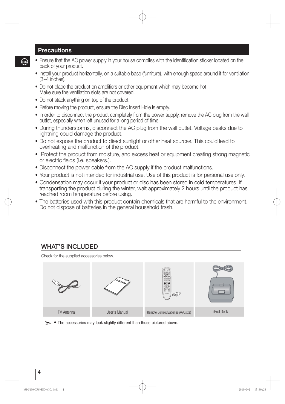 Precautions | Samsung MM-C430 User Manual | Page 4 / 29