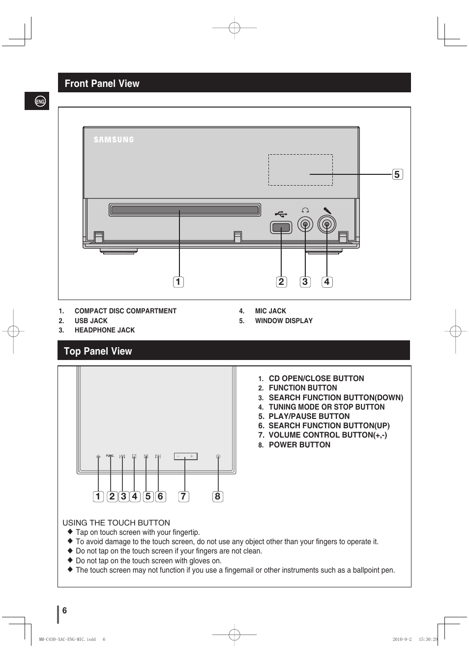 Front panel view, Top panel view | Samsung MM-C430 User Manual | Page 6 / 29