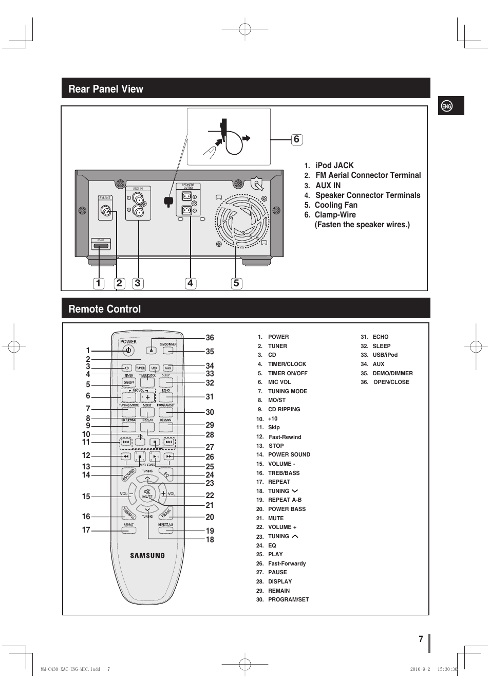 Rear panel view, Remote control, Rear panel view remote control | Samsung MM-C430 User Manual | Page 7 / 29