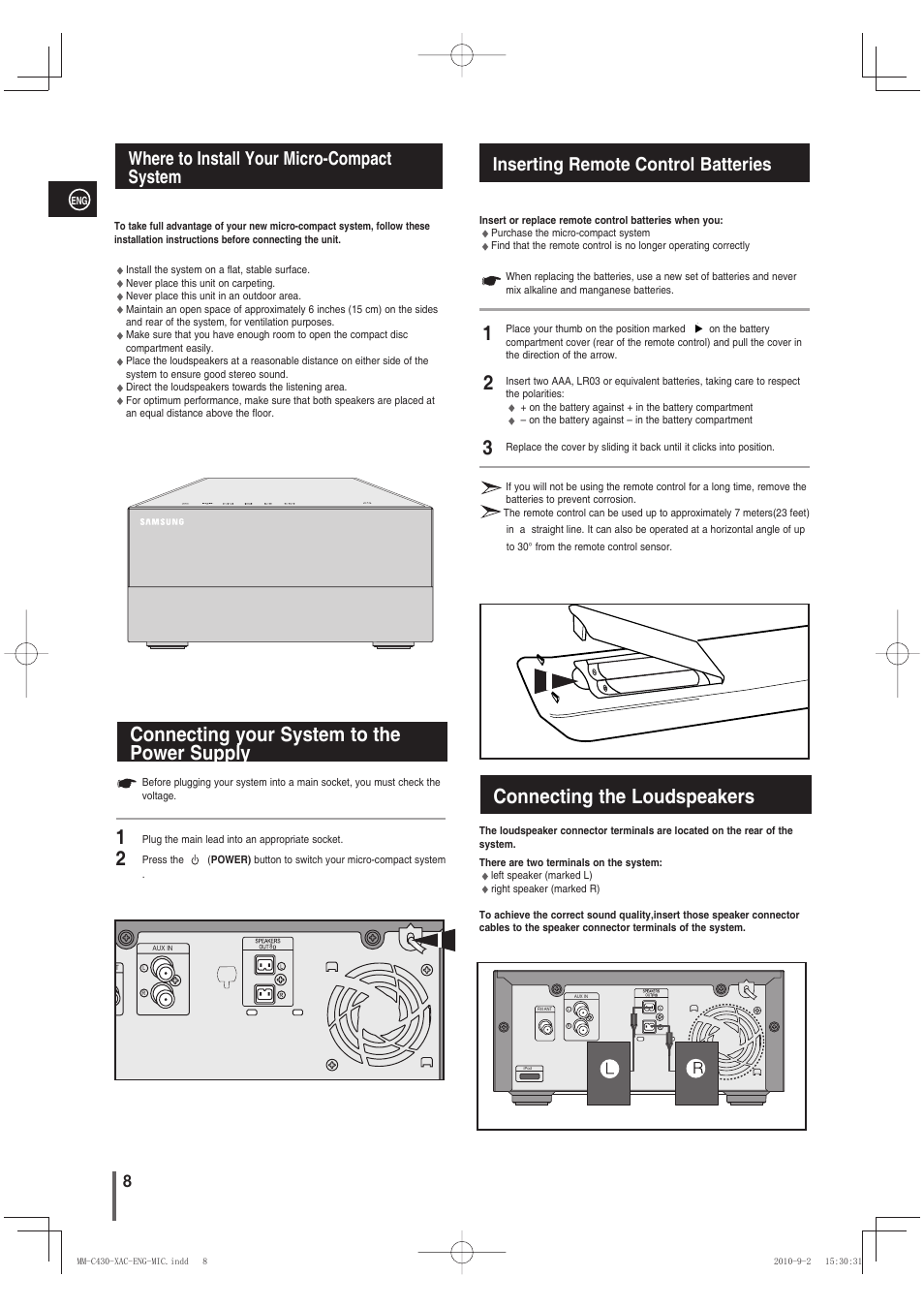 Where to install your micro-compactsystem, Connecting your system to thepower supply, Inserting remote control batteries | Connecting the loudspeakers, Connecting your system to the power supply, Where to install your micro-compact system | Samsung MM-C430 User Manual | Page 8 / 29