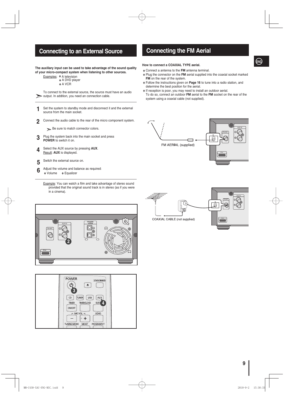 Connecting to an external source, Connecting the fm aerial | Samsung MM-C430 User Manual | Page 9 / 29