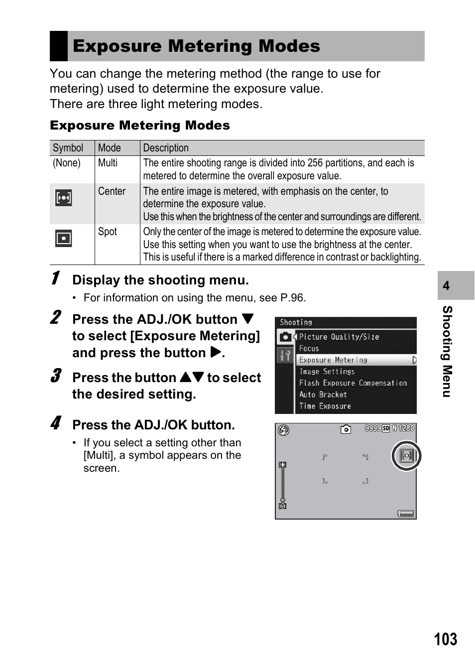 Exposure metering modes | Samsung CX1 User Manual | Page 105 / 239