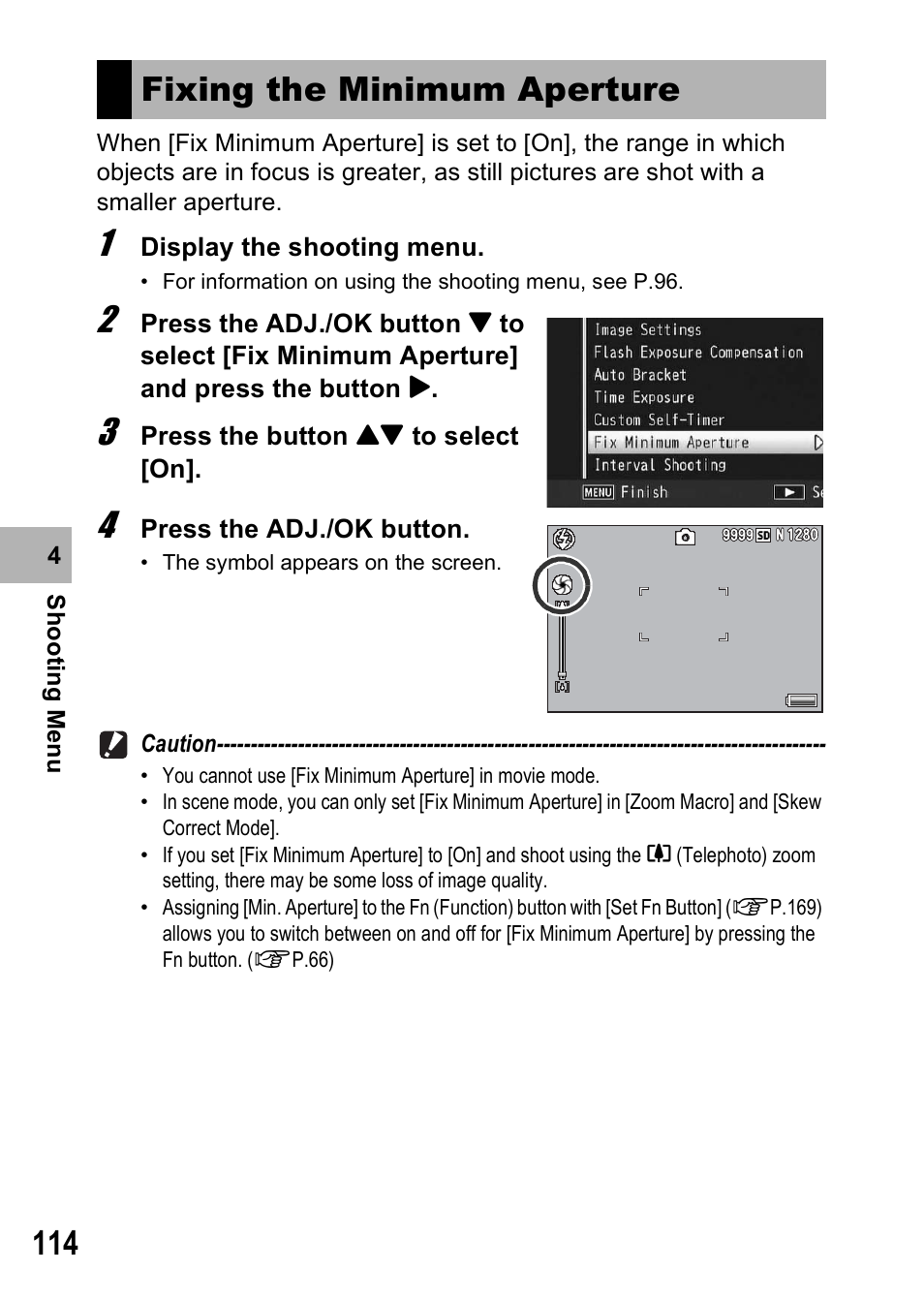 Fixing the minimum aperture | Samsung CX1 User Manual | Page 116 / 239