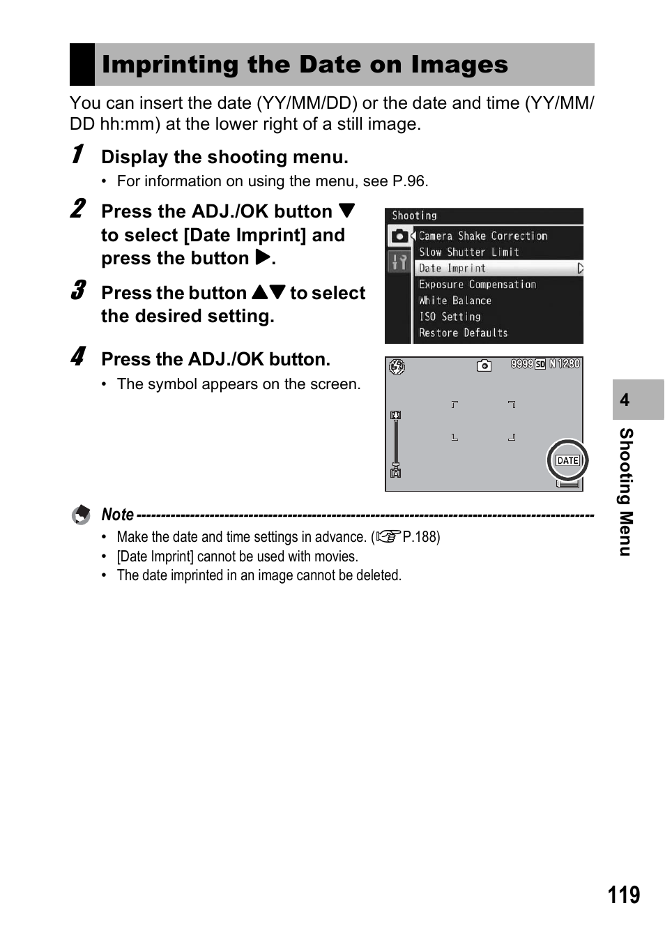 Imprinting the date on images | Samsung CX1 User Manual | Page 121 / 239