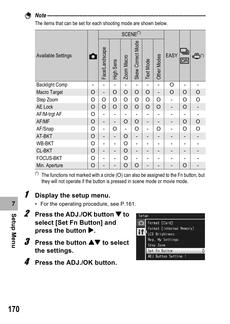 Display the setup menu, Press the button !" to select the settings, Press the adj./ok button | Samsung CX1 User Manual | Page 172 / 239