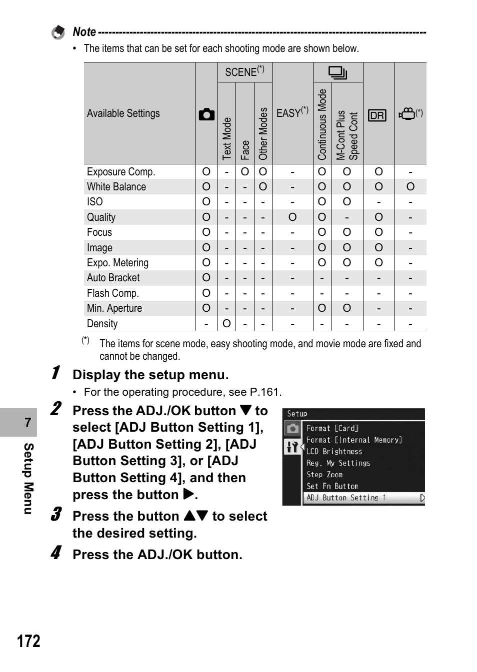 Display the setup menu, Press the button !" to select the desired setting, Press the adj./ok button | Samsung CX1 User Manual | Page 174 / 239