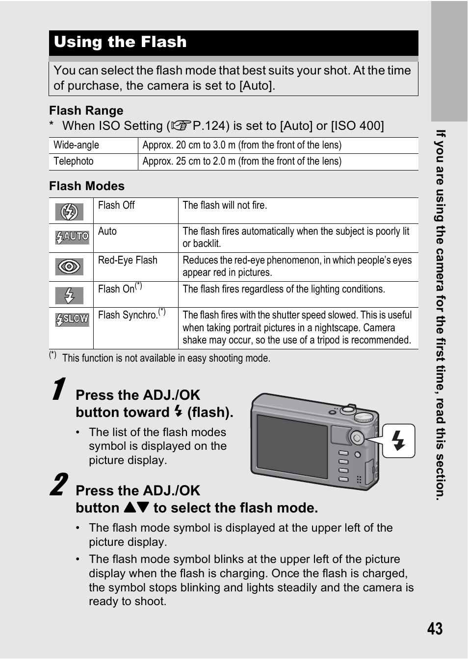 Using the flash, Press the adj./ok button toward f (flash) | Samsung CX1 User Manual | Page 45 / 239