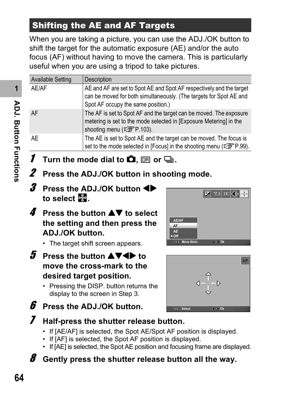 Shifting the ae and af targets | Samsung CX1 User Manual | Page 66 / 239