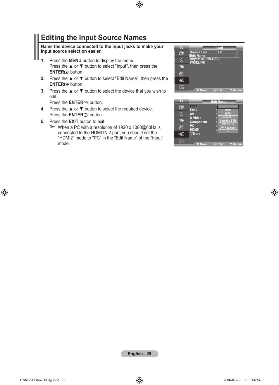 Editing the input source names | Samsung BN68-01736C-00 User Manual | Page 31 / 69