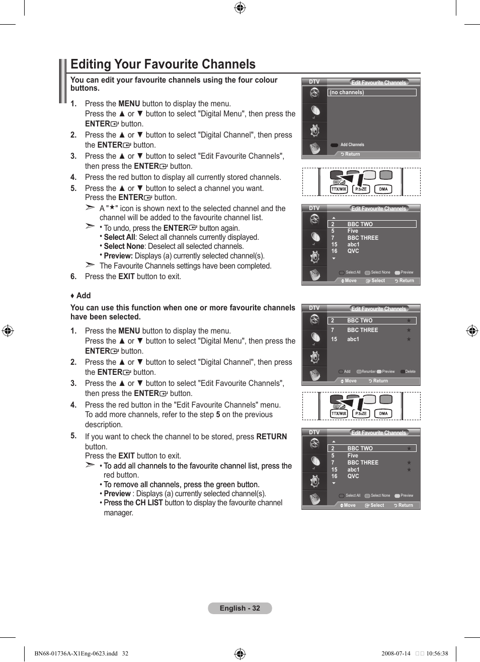 Editing your favourite channels | Samsung BN68-01736C-00 User Manual | Page 34 / 69