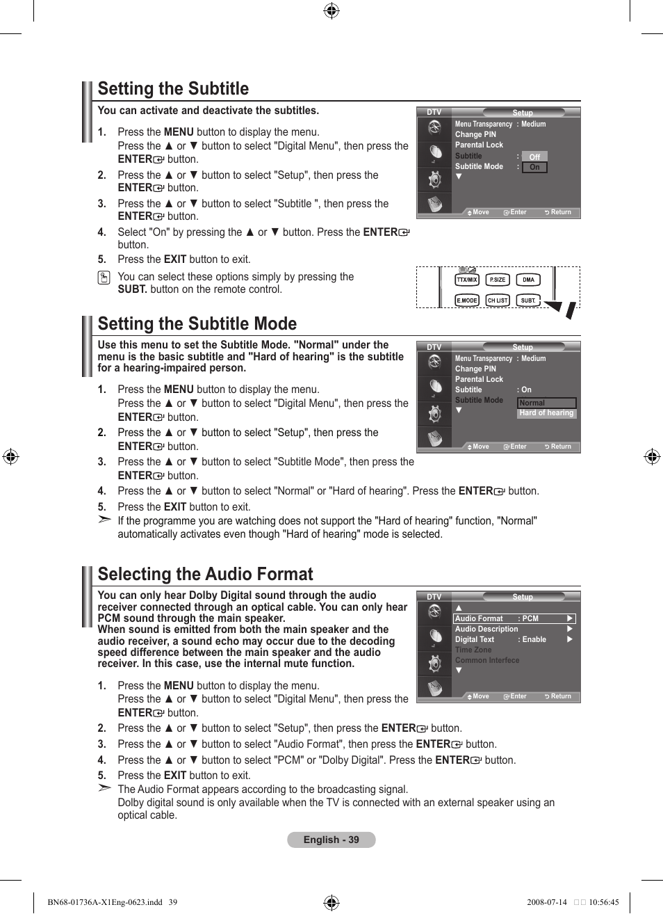 Setting the subtitle, Setting the subtitle mode, Selecting the audio format | Samsung BN68-01736C-00 User Manual | Page 41 / 69