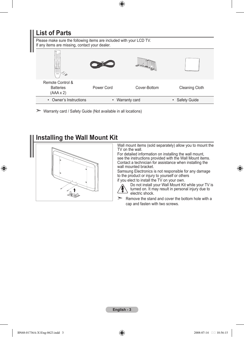 Connecting and preparingreparing your tv, List of parts, Installing the wall mount kit | Samsung BN68-01736C-00 User Manual | Page 5 / 69