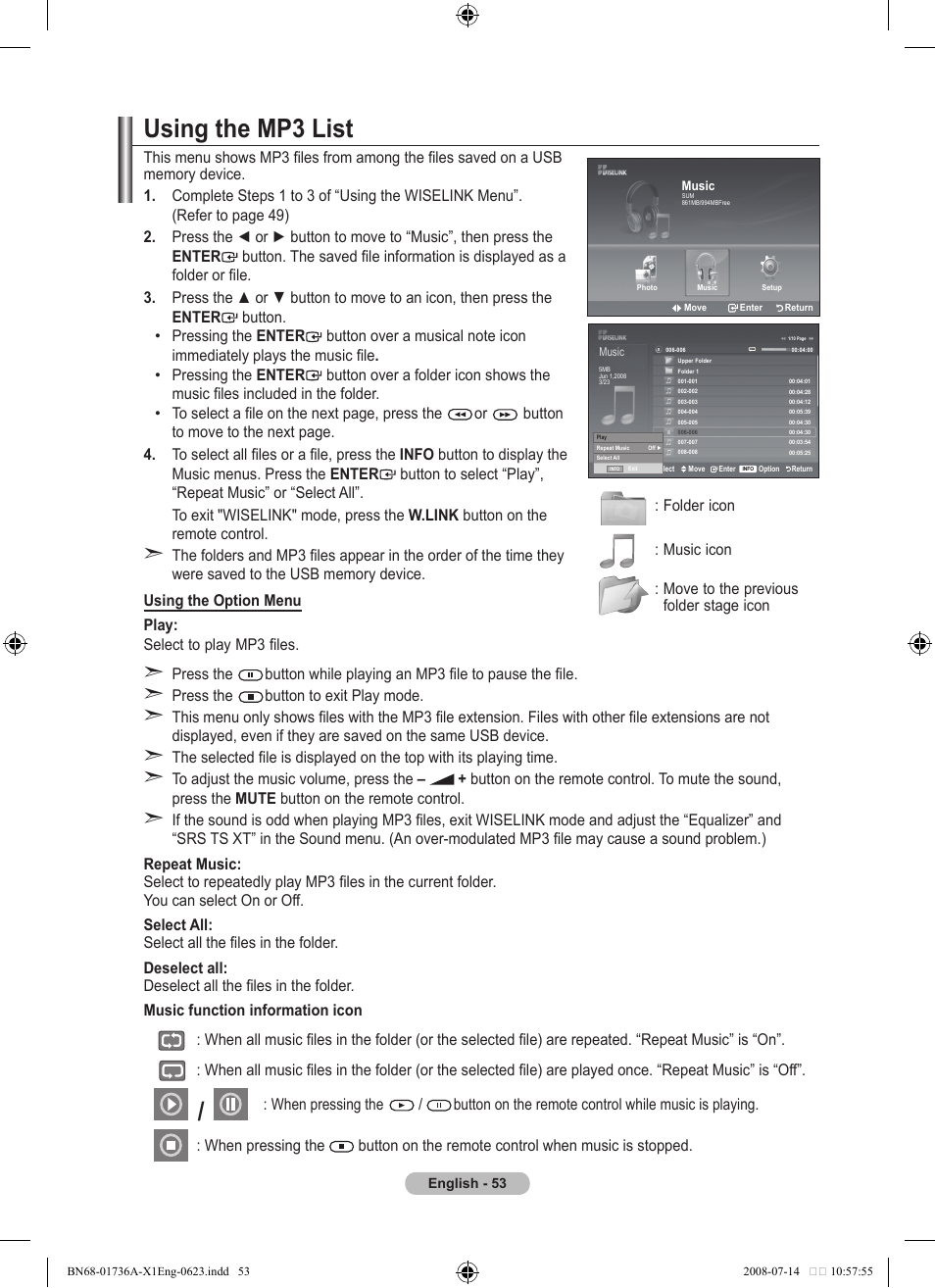 Using the mp3 list, Using the mp list | Samsung BN68-01736C-00 User Manual | Page 55 / 69