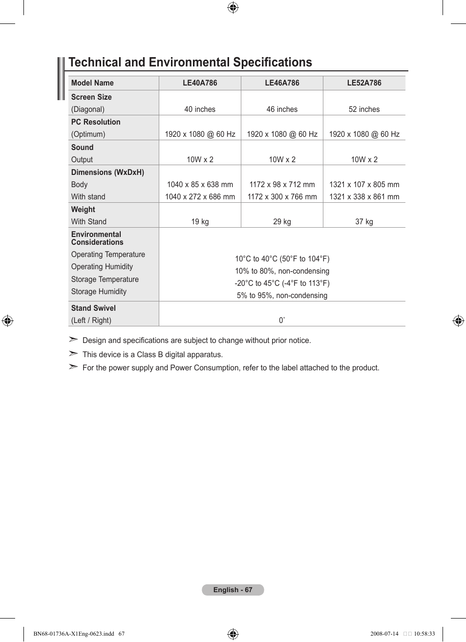 Technical and environmental specifications | Samsung BN68-01736C-00 User Manual | Page 69 / 69