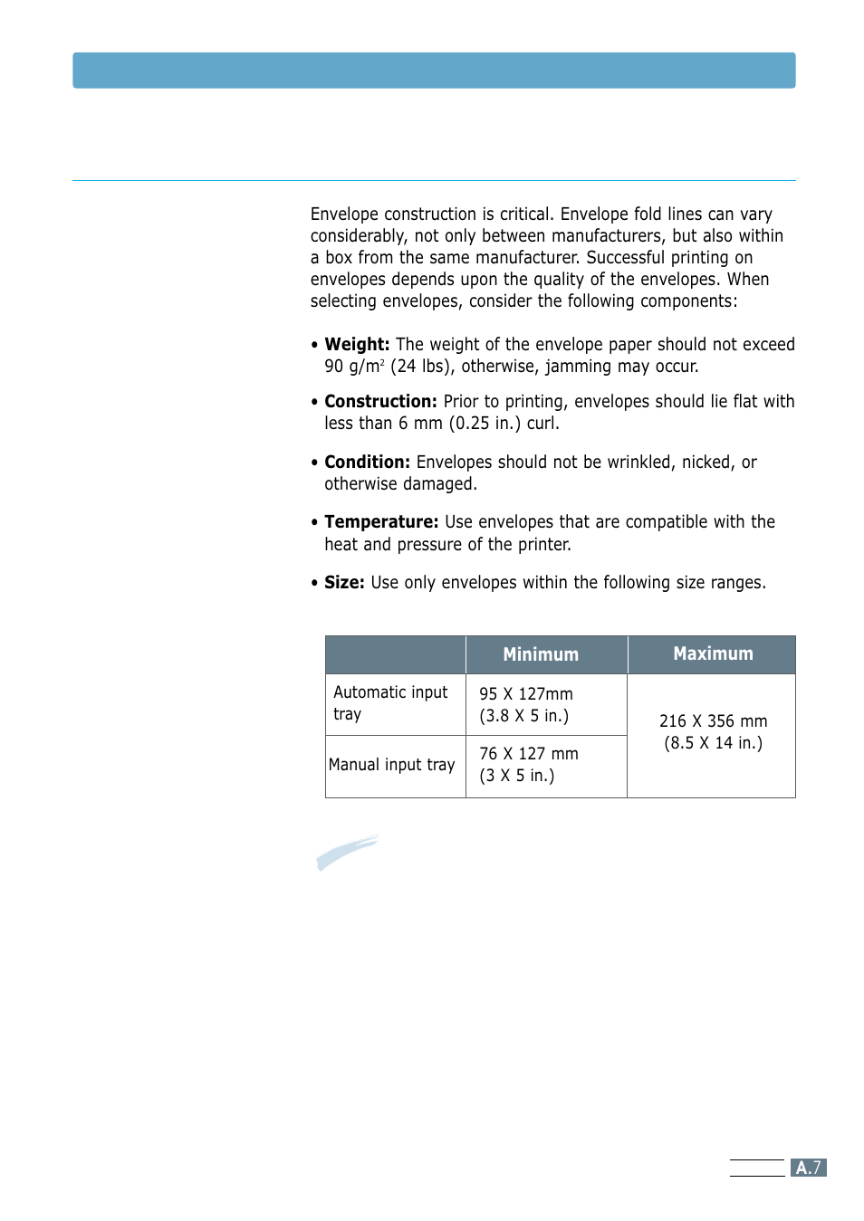 Envelopes, Paper specifications | Samsung ML-1200 Series User Manual | Page 105 / 128