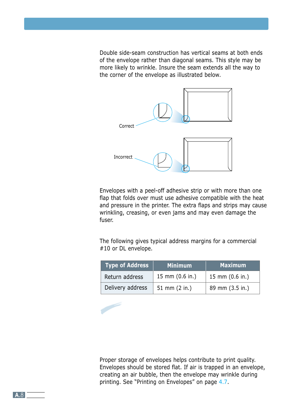 Envelopes with double side seams, Envelopes with adhesive strips or flaps, Envelope margins | Envelope storage, Paper specifications | Samsung ML-1200 Series User Manual | Page 106 / 128