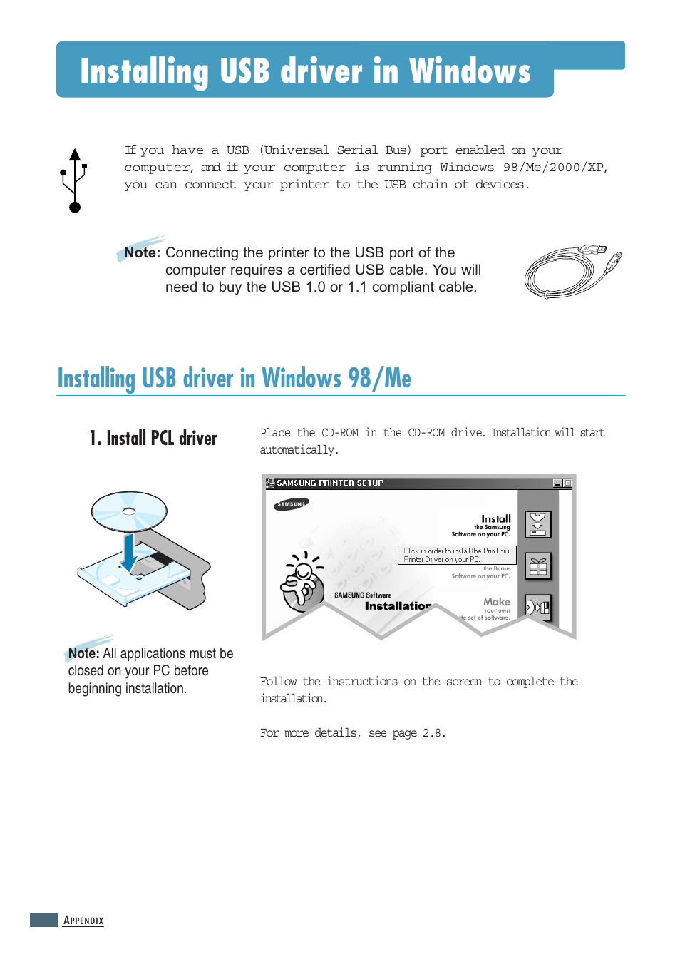 Installing usb driver in windows, Installing usb driver in windows 98/me, A.10 | Install pcl driver | Samsung ML-1200 Series User Manual | Page 108 / 128