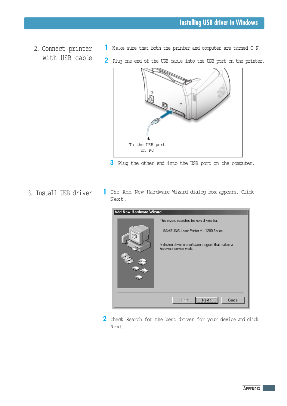 Connect printer with usb cable, Install usb driver, Installing usb driver in windows | Samsung ML-1200 Series User Manual | Page 109 / 128