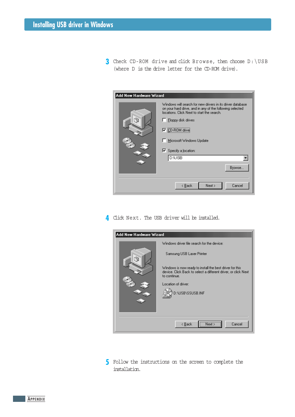 Installing usb driver in windows 4 | Samsung ML-1200 Series User Manual | Page 110 / 128