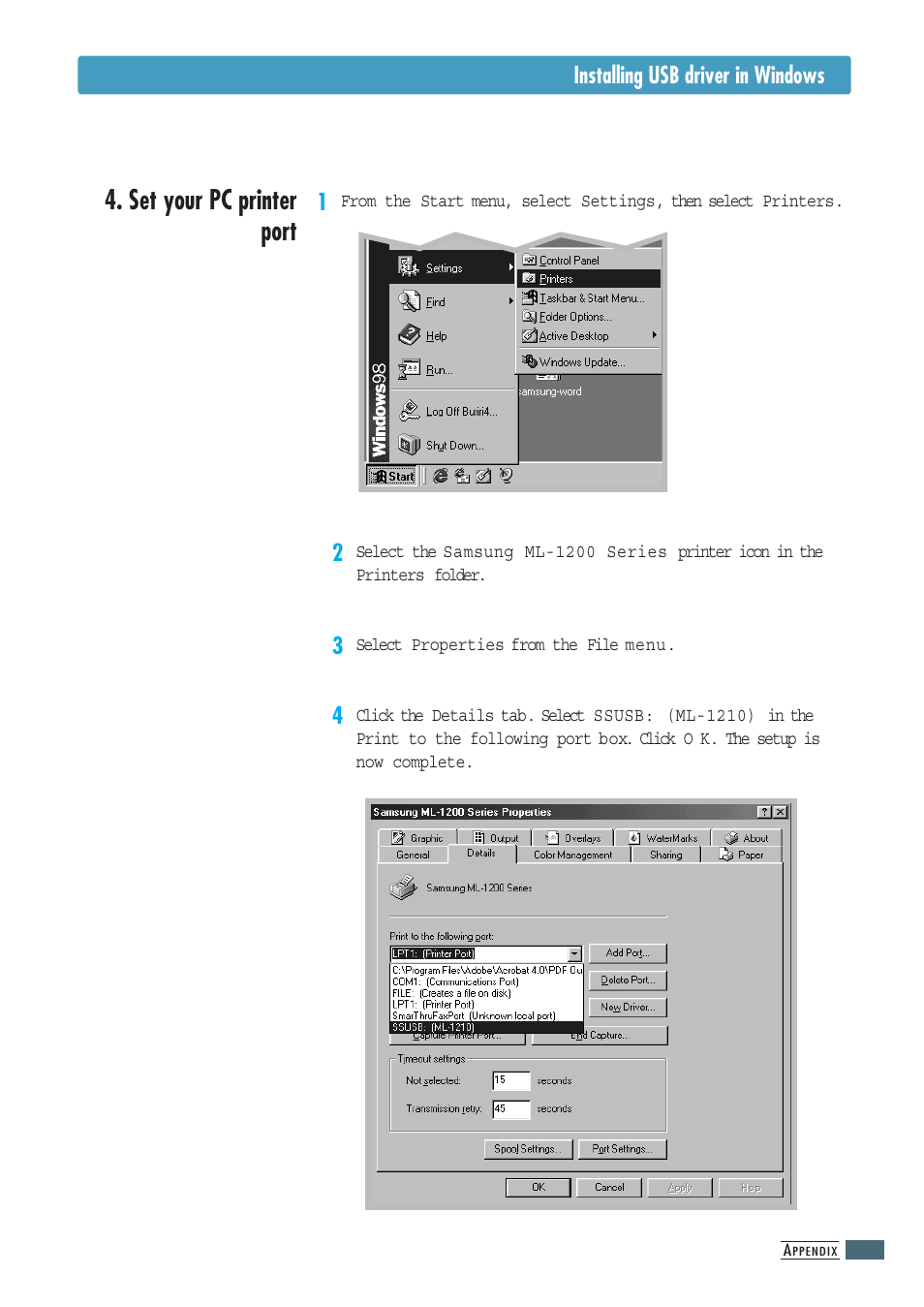 Set your pc printer port | Samsung ML-1200 Series User Manual | Page 111 / 128