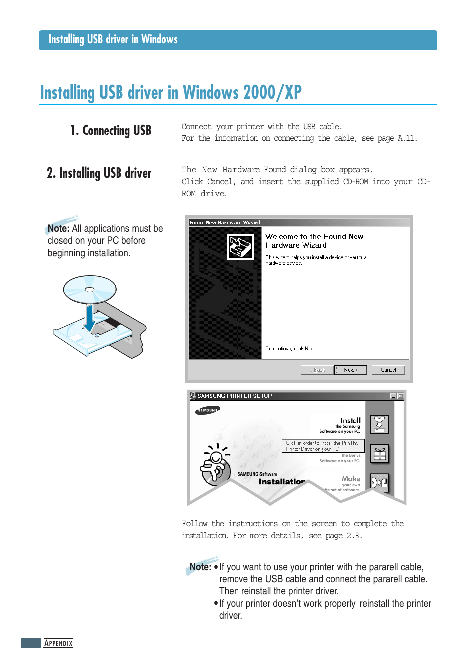 Installing usb driver in windows 2000/xp, Connecting usb, Installing usb driver | Installing usb driver in windows | Samsung ML-1200 Series User Manual | Page 112 / 128