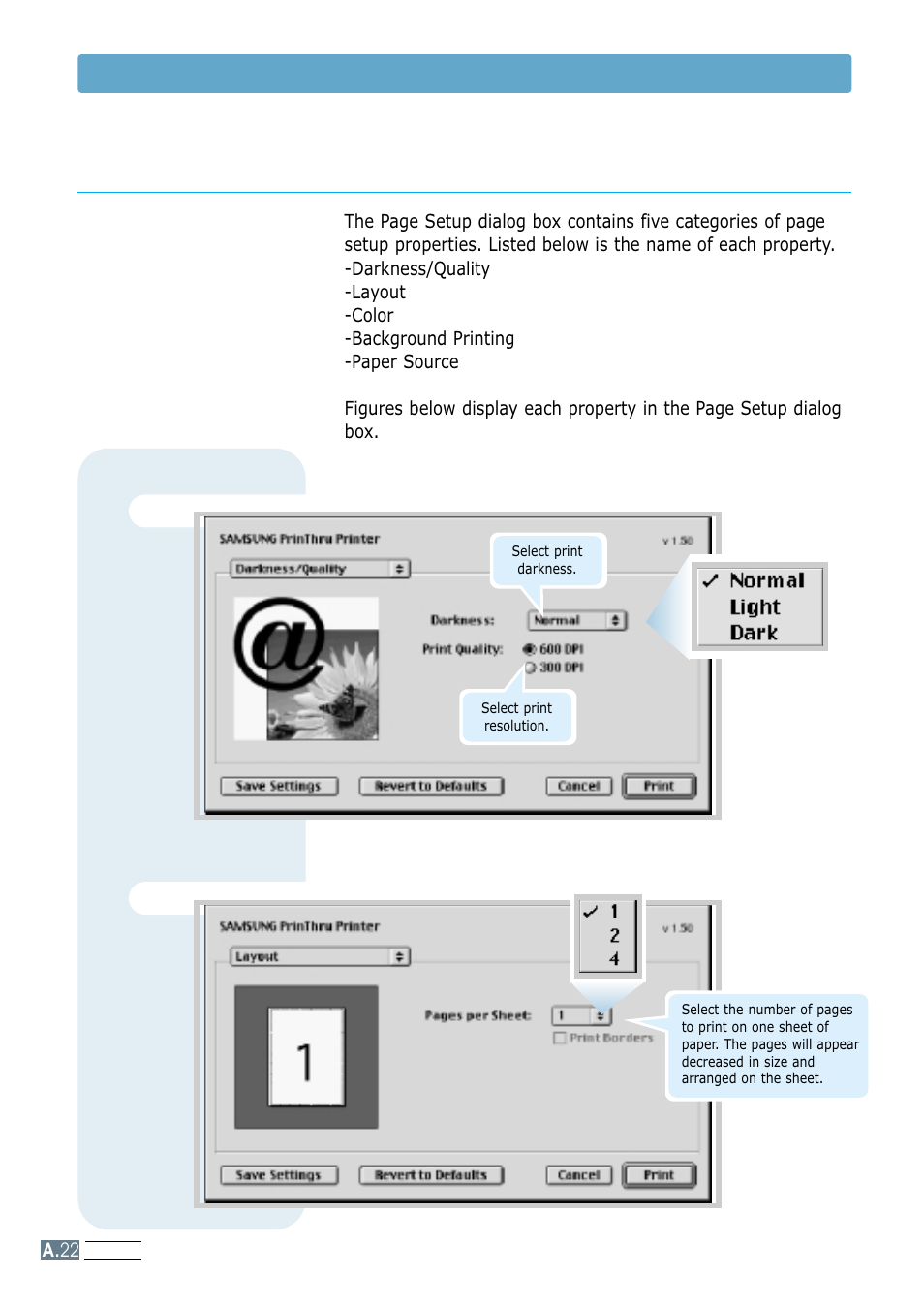 Advanced printing, Darkness/quality layout, Using your printer with macintosh | Samsung ML-1200 Series User Manual | Page 120 / 128